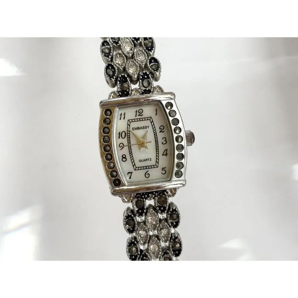 Embassy GEM9049L Marcasite Silver T Quartz Vintage Wristwatch - 14mm - WORKS!